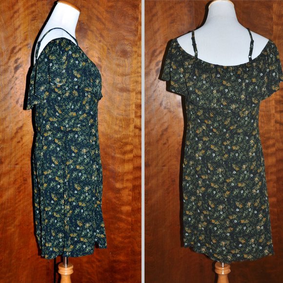 Mossimo Dark Green Floral Off Shoulder Flutter Sleeve Sun Dress Size L - Picture 4 of 9